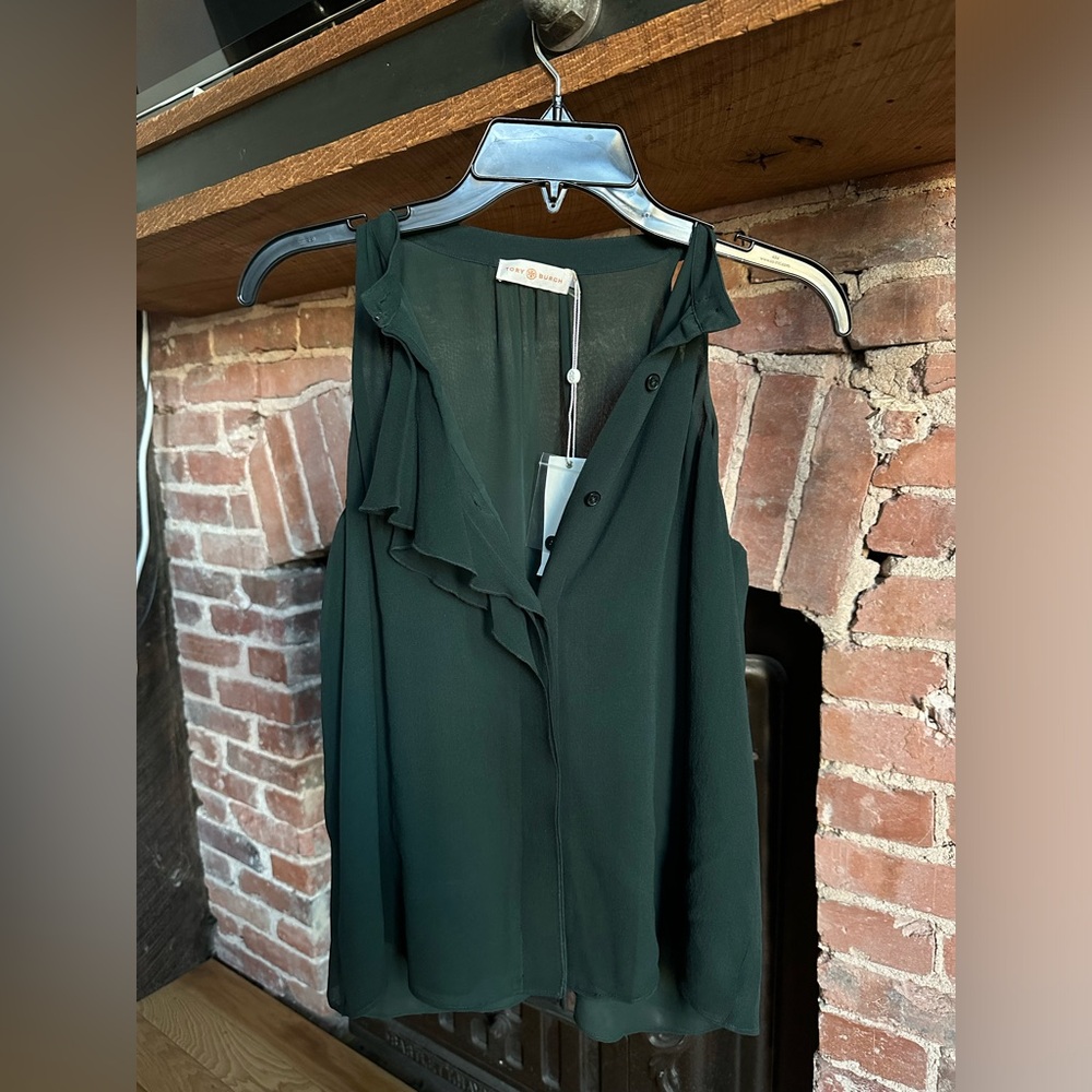 Tory Burch, dark green button up blouse with ruffles
